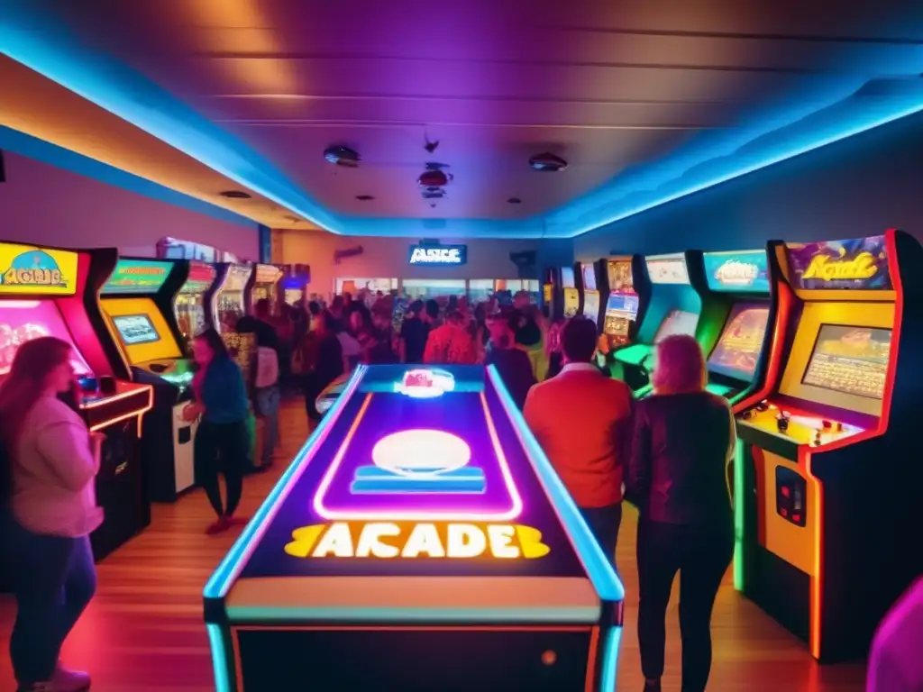Un bullicioso arcade vintage con gente diversa disfrutando de juegos, rodeado de luces de neón. Refleja el impacto cultural de los videojuegos.