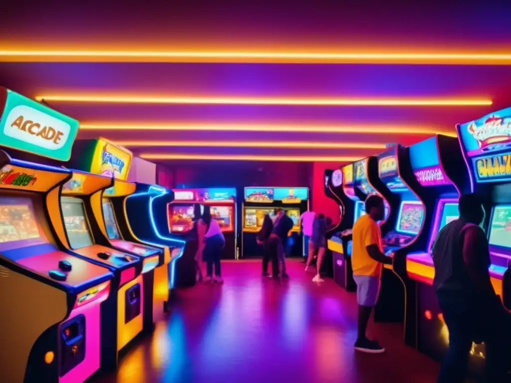 Un bullicioso arcade vintage con gente de todas las edades y orígenes disfrutando de videojuegos. <b>La atmósfera es animada y llena de luces de neón.</b> <b>Muestra la influencia social de los videojuegos.