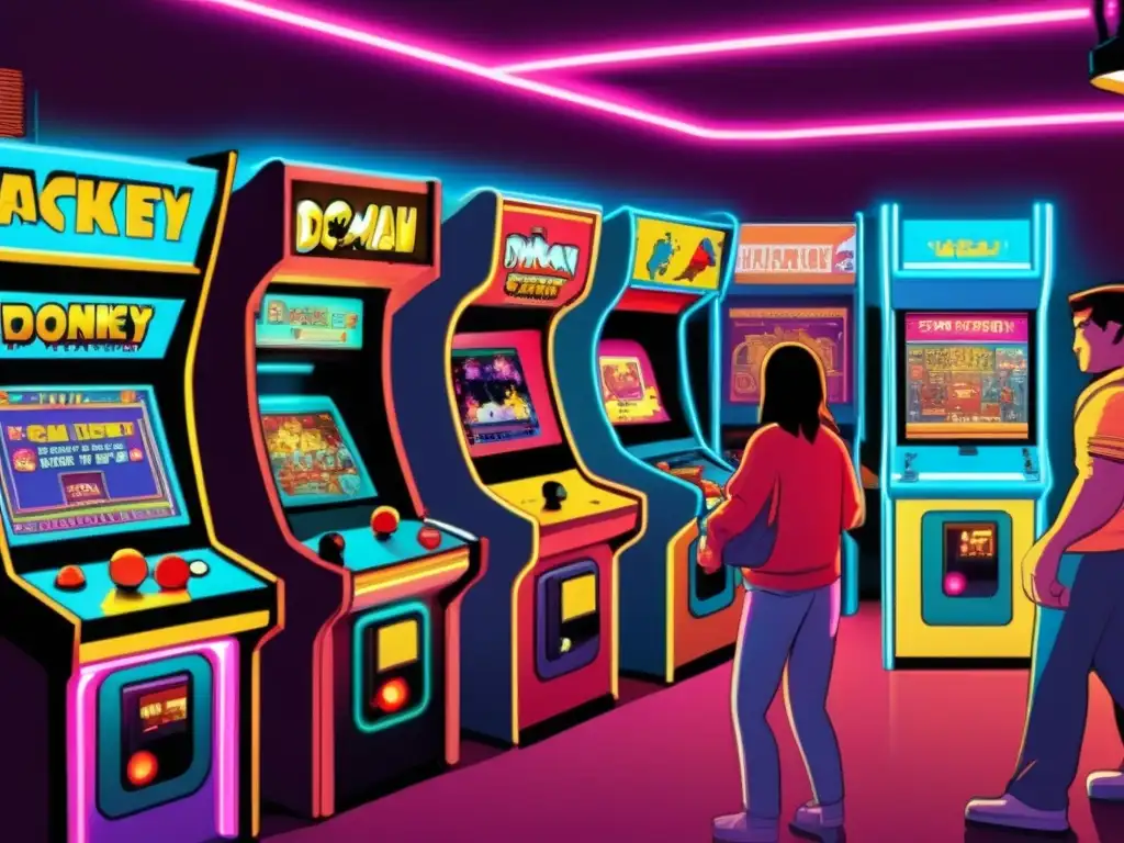 Un bullicioso arcade vintage con juegos clásicos y luces de neón evoca la emoción del desarrollo de la inteligencia espacial en los años 80.