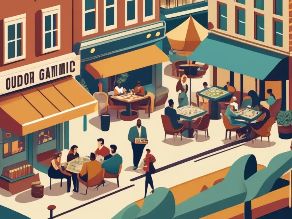 Un bullicioso escenario urbano donde la tradición y la innovación se entrelazan en juegos de estrategia. <b>Personas disfrutan de juegos de mesa y digitales en cafés al aire libre.</b> <b>La imagen evoca la esencia de las 