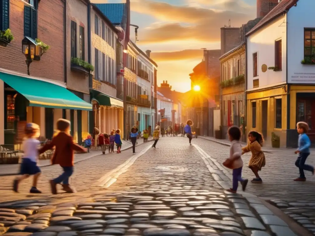 Un bullicioso juego de calle al atardecer, con niños disfrutando de juegos tradicionales bajo cálida luz dorada. Representación de juegos de calle en una escena vibrante y nostálgica.