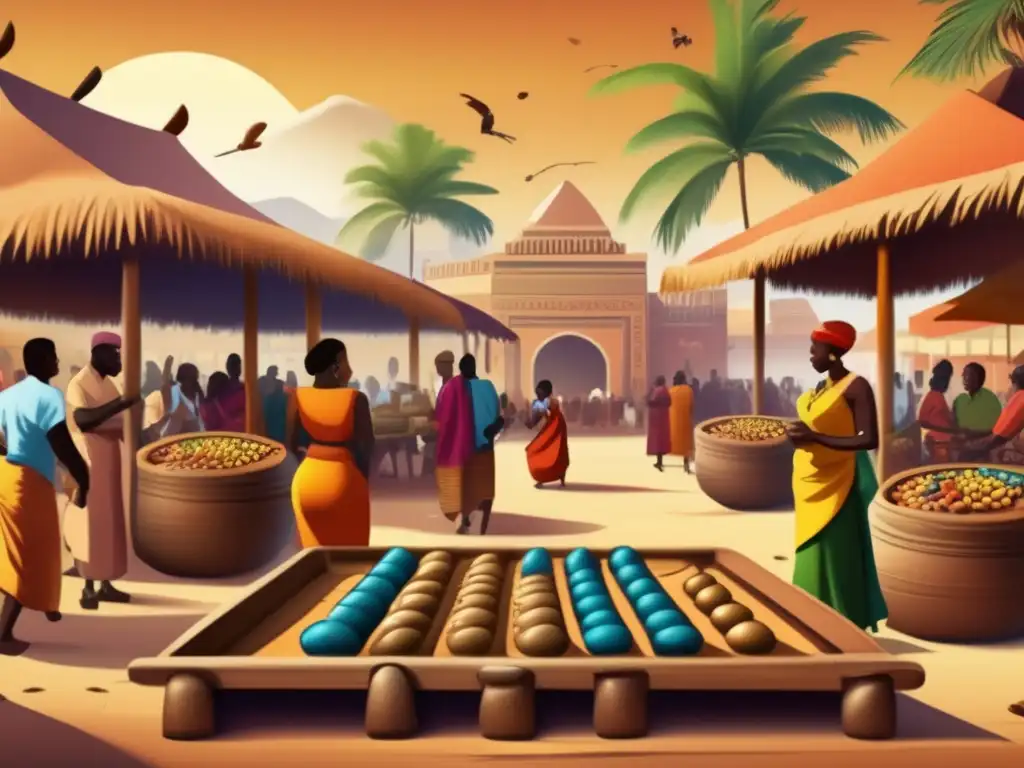 Un bullicioso mercado africano con gente jugando Mancala, edificaciones tradicionales y palmeras. <b>Captura la esencia histórica y cultural del juego Mancala.