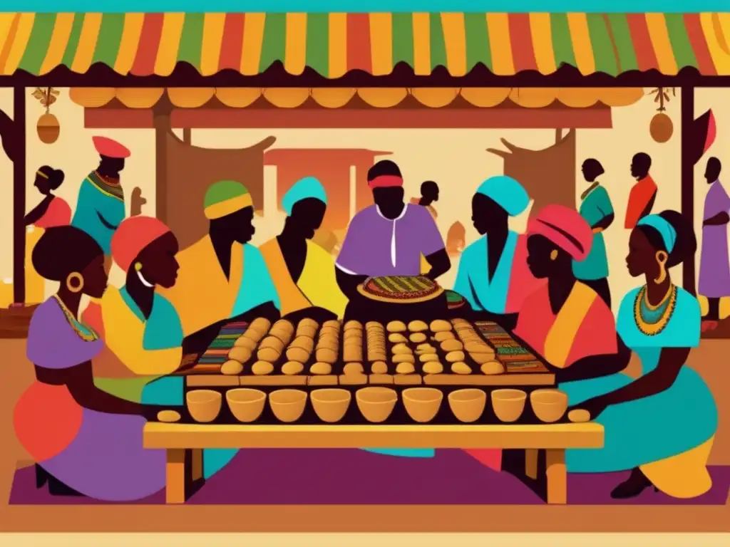 Un bullicioso mercado africano con gente jugando Mancala, exhibiendo colores vibrantes y tableros tallados. <b>Origen y reglas del juego Mancala.