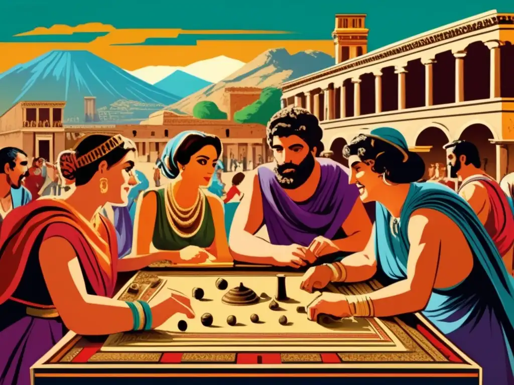 Un bullicioso mercado en la antigua Pompeya, con juegos de mesa y el Vesuvio al fondo. <b>Juegos de mesa encontrados en Pompeya.