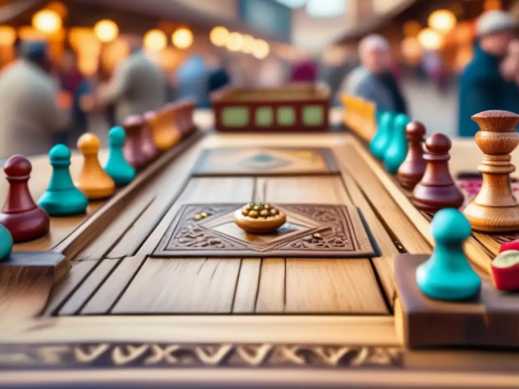 En un bullicioso mercado, se juega un antiguo juego de mesa. <b>Las piezas talladas y la concentración de los jugadores capturan la esencia de los juegos estratégicos en la historia, su impacto cultural perdurable.
