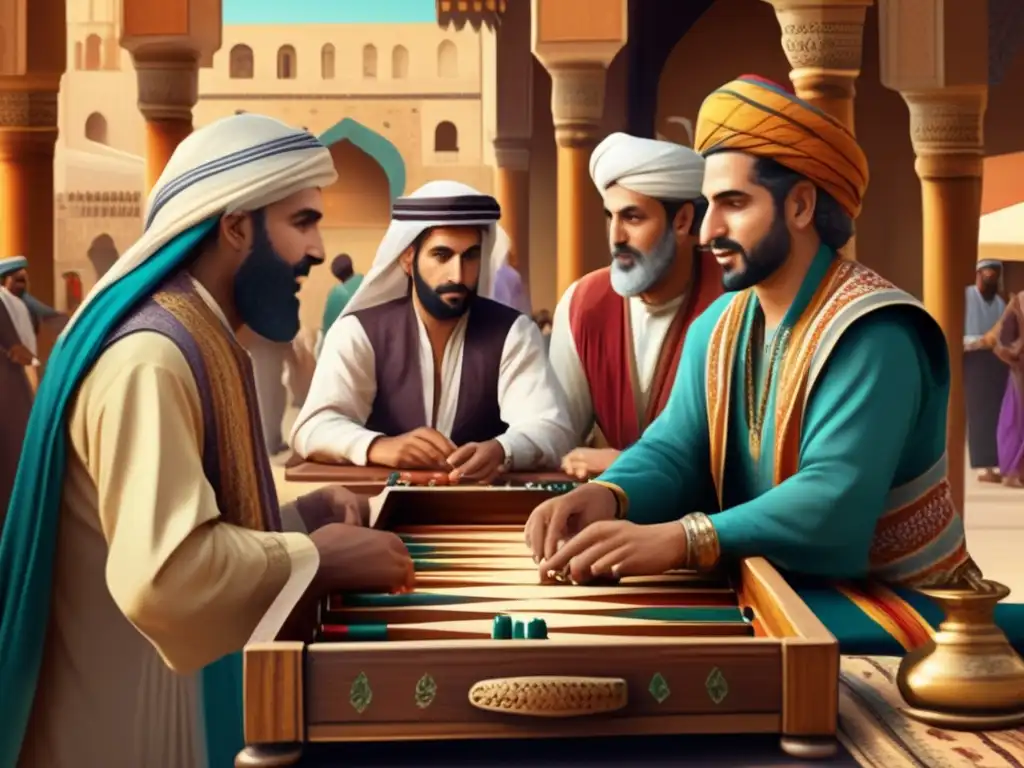 Un bullicioso mercado antiguo en Medio Oriente, con personas jugando backgammon. <b>Origen y evolución del backgammon.