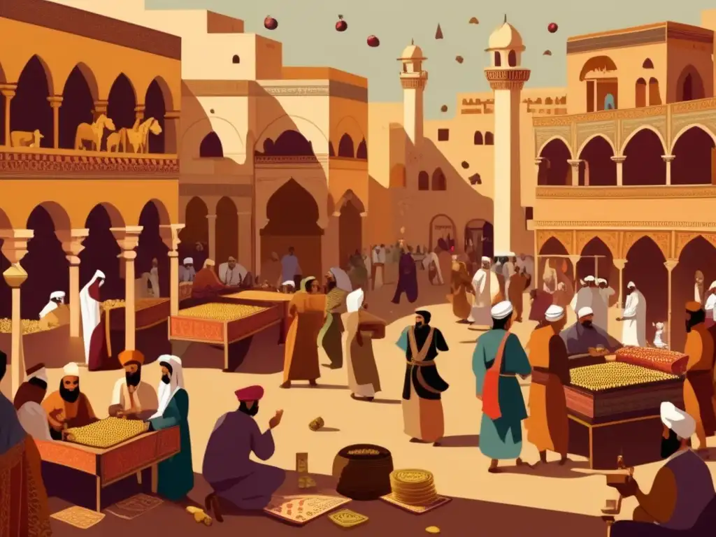 Un bullicioso mercado antiguo en el Medio Oriente, donde los comerciantes participan en juegos de azar tradicionales. Una ilustración detallada llena de historia, cultura y impacto cultural.