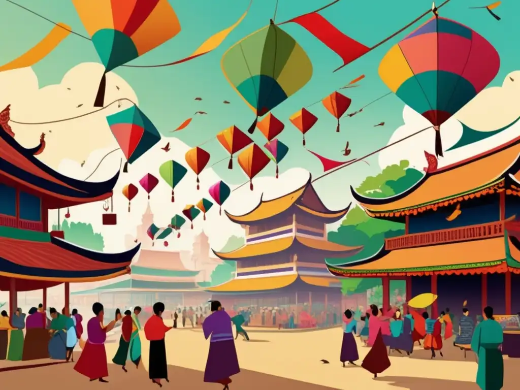 Un bullicioso mercado asiático con cometas de colores en el cielo, evocando la metamorfosis del Kite Fighting en Asia.