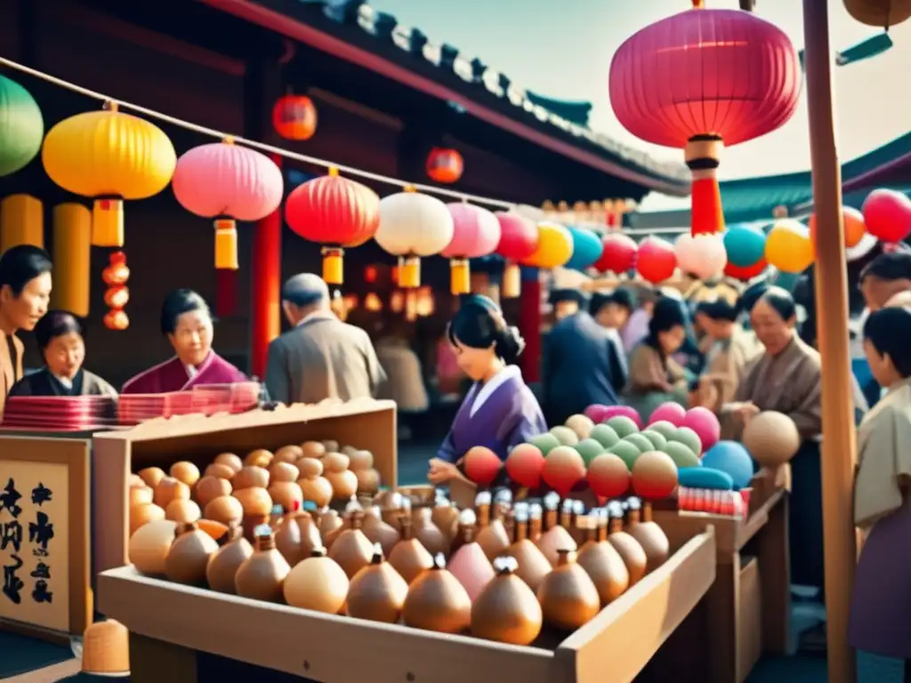 Un bullicioso mercado callejero japonés con juguetes tradicionales kendama en un puesto. Los colores vibrantes de los juguetes de madera destacan entre los compradores vestidos con kimonos y faroles de papel, capturando la influencia cultural y la importancia histórica del kendama en Japón.