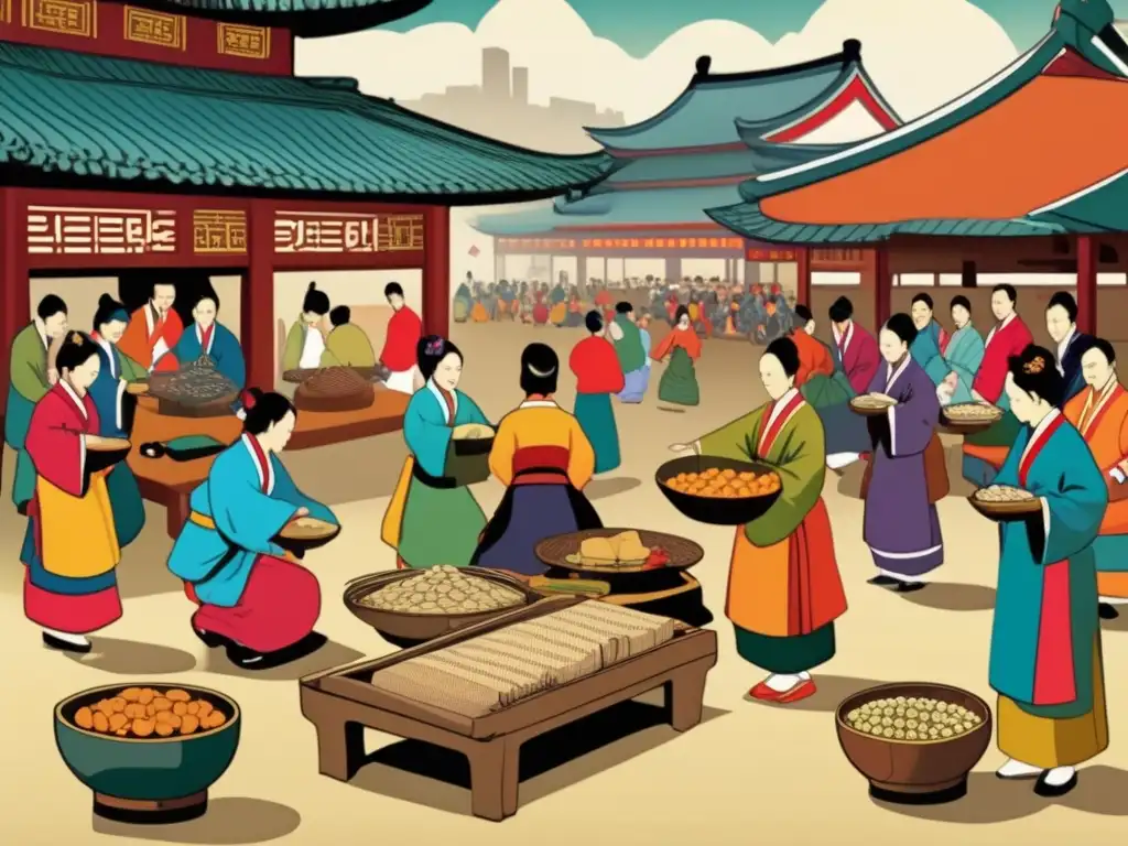 Un bullicioso mercado coreano con jugadores de Nyout y espectadores, capturando la historia y el impacto cultural del Nyout.