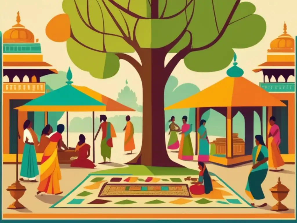 Un bullicioso mercado en la India antigua, con gente jugando Pachisi bajo frondosos árboles banyan. Colores vibrantes capturan la esencia del juego y su origen en la cultura india.