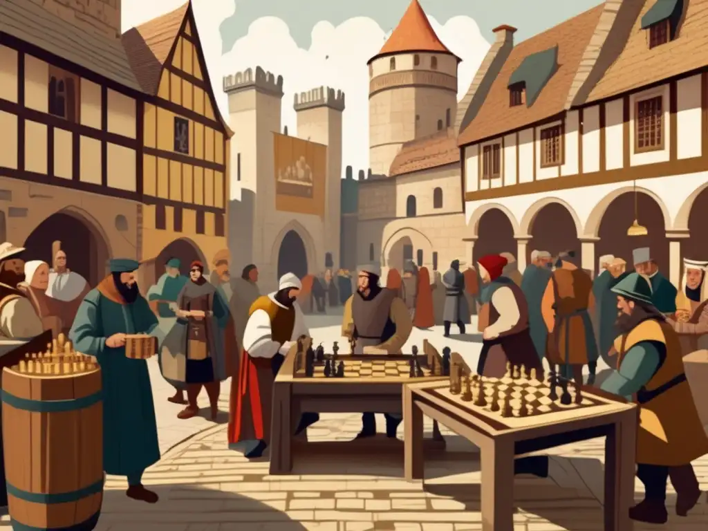 Un bullicioso mercado medieval con juegos de ajedrez y damas. Detalles ricos y cálidos evocan nostalgia y tradición, perfecto para estrategias de juegos clásicos intervención cognitiva.