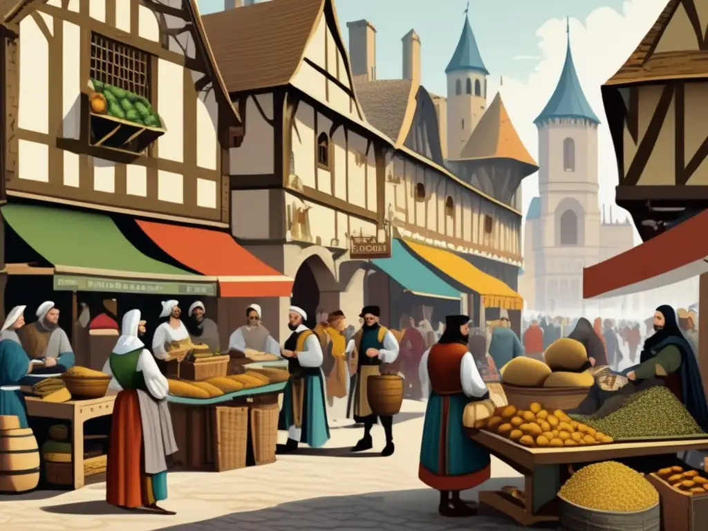Un bullicioso mercado medieval donde los comerciantes regatean precios y los clientes examinan mercancías. <b>Detalles vívidos que evocan sistemas económicos en juegos de rol.