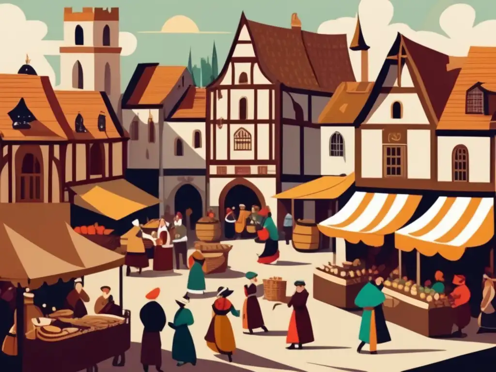 Un bullicioso mercado medieval en una pintoresca ciudad. <b>Venta de bienes, bailes, música y conversaciones animadas.</b> <b>Impacto cultural del juego Catan.