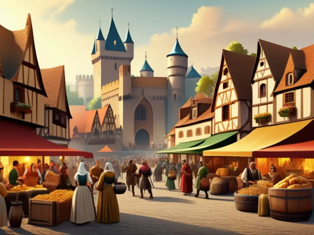 Un bullicioso mercado medieval con vendedores, aldeanos y un castillo al fondo, evocando el impacto cultural del juego Catan.
