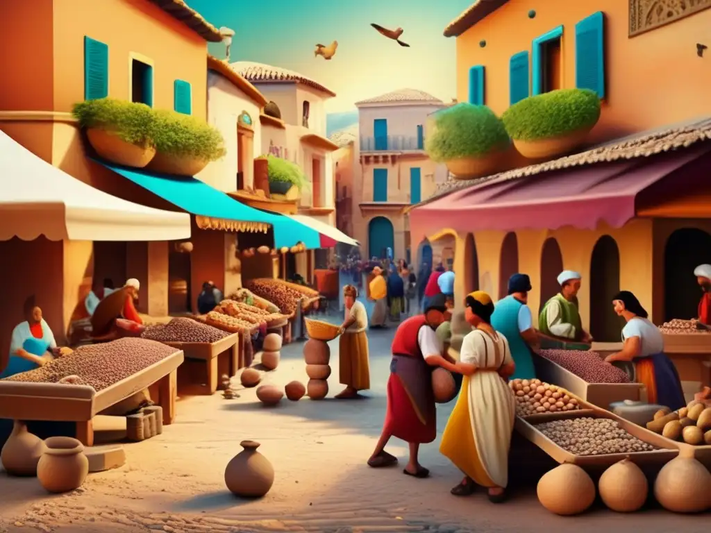 Un bullicioso mercado mediterráneo antiguo con comercio de canicas de arcilla, colores vibrantes y atmósfera histórica.