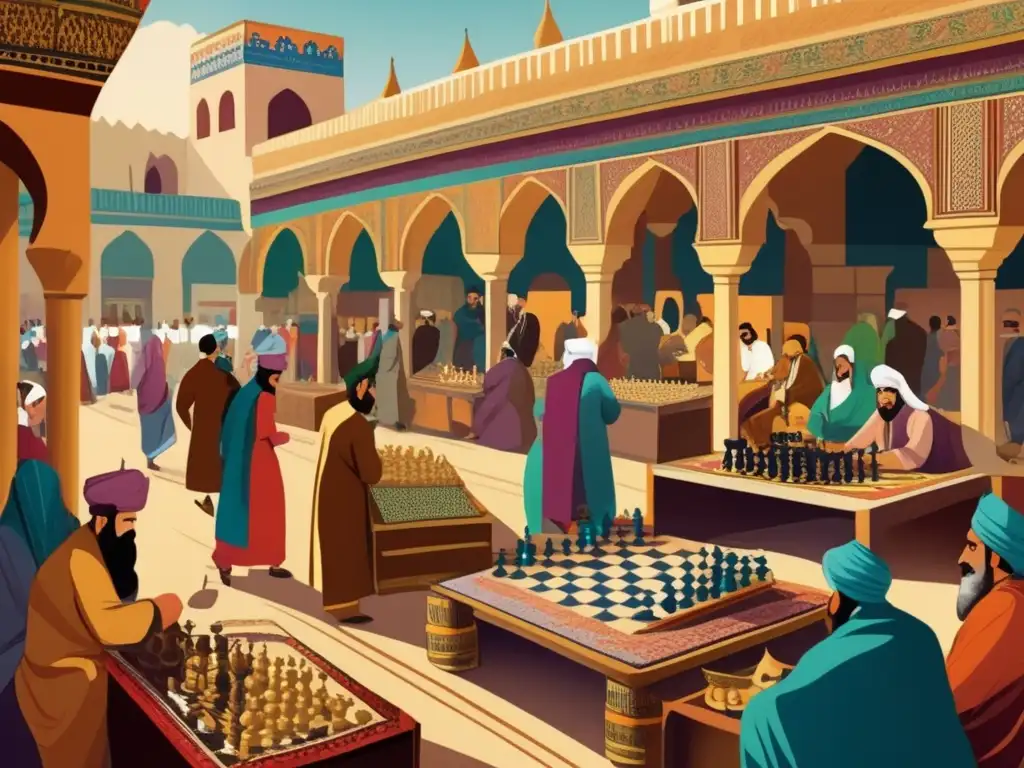 Un bullicioso mercado persa antiguo con un juego de ajedrez destacado. <b>La ilustración detalla la riqueza cultural del ajedrez persa.