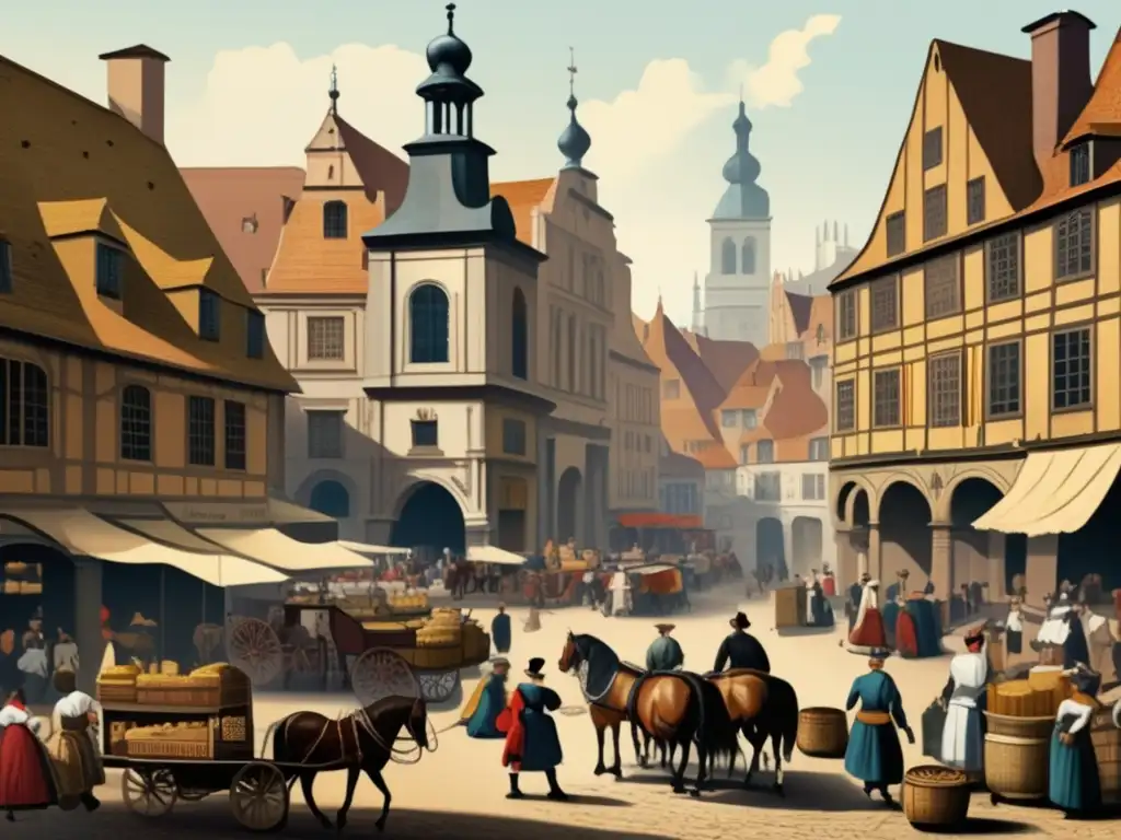 El bullicioso mercado del siglo XVII refleja la influencia económica con comerciantes, clientes y monedas en una ciudad europea.