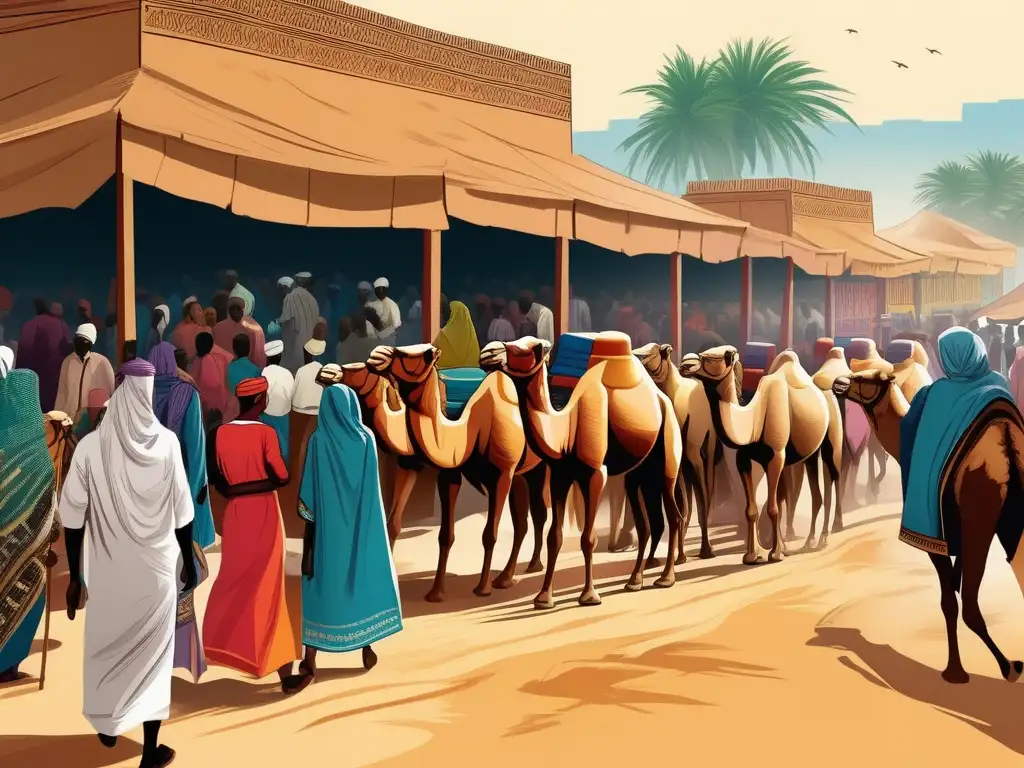 Un bullicioso mercado somalí con detalladas carreras de camellos, capturando la atmósfera vibrante del folklore somalí.