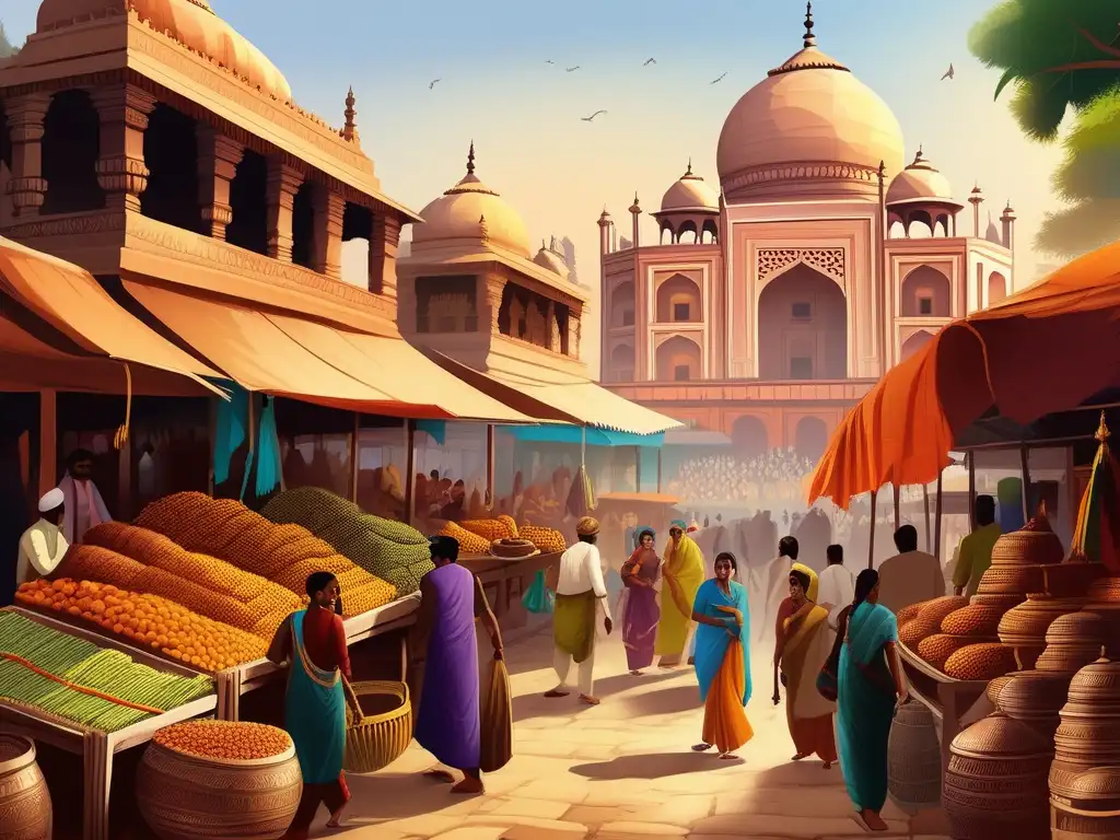 El bullicioso mercado tradicional indio evoca el origen y evolución del Pachisi con sus colores vibrantes y actividad comercial.