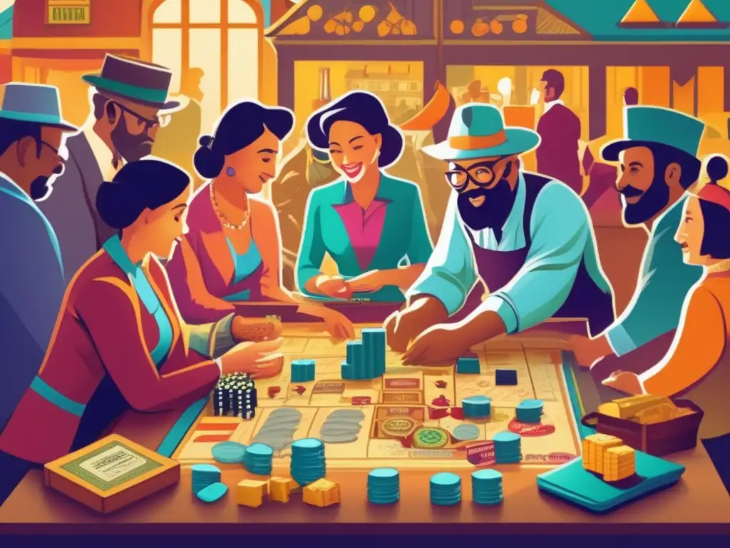 Un bullicioso mercado vintage de juego de mesa, con detalladas piezas que representan bienes comerciados entre jugadores. Simulaciones de mercado en juegos capturan emoción y complejidad.