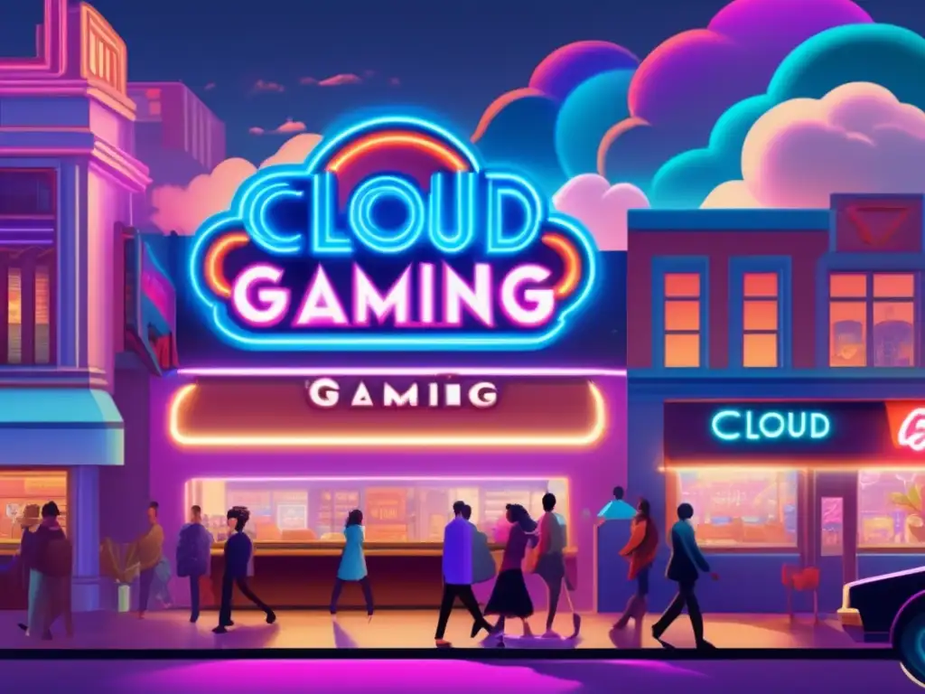 Un bullicioso y nostálgico arcade de la nube con un letrero de neón retro. <b>Inversión en juegos exclusivos de la nube.