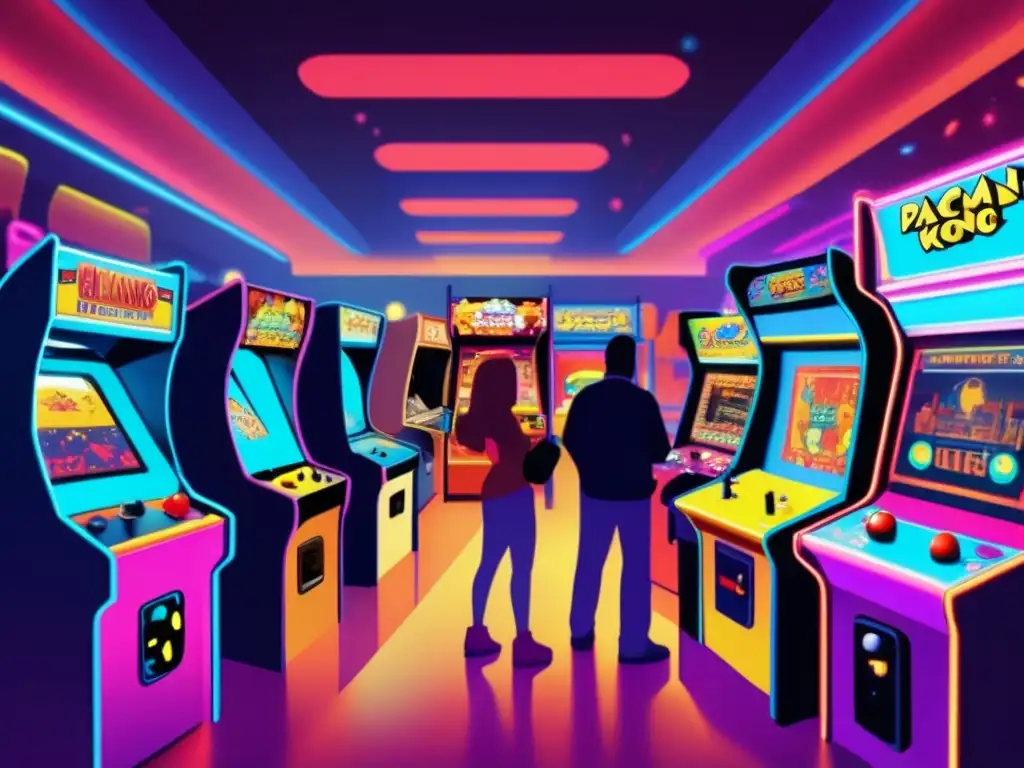Un bullicioso y nostálgico arcade retro lleno de máquinas vintage, luces de neón y gente jugando clásicos como PacMan y Space Invaders. <b>Captura la energía del resurgimiento de la cultura pop de los videojuegos clásicos.