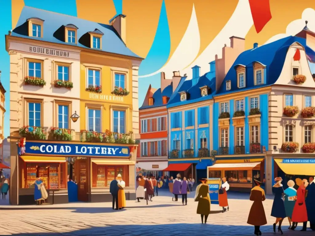 Un bullicioso pueblo europeo se reúne en una plaza para comprar boletos de lotería en un elegante puesto de venta, exudando tradición y comunidad.