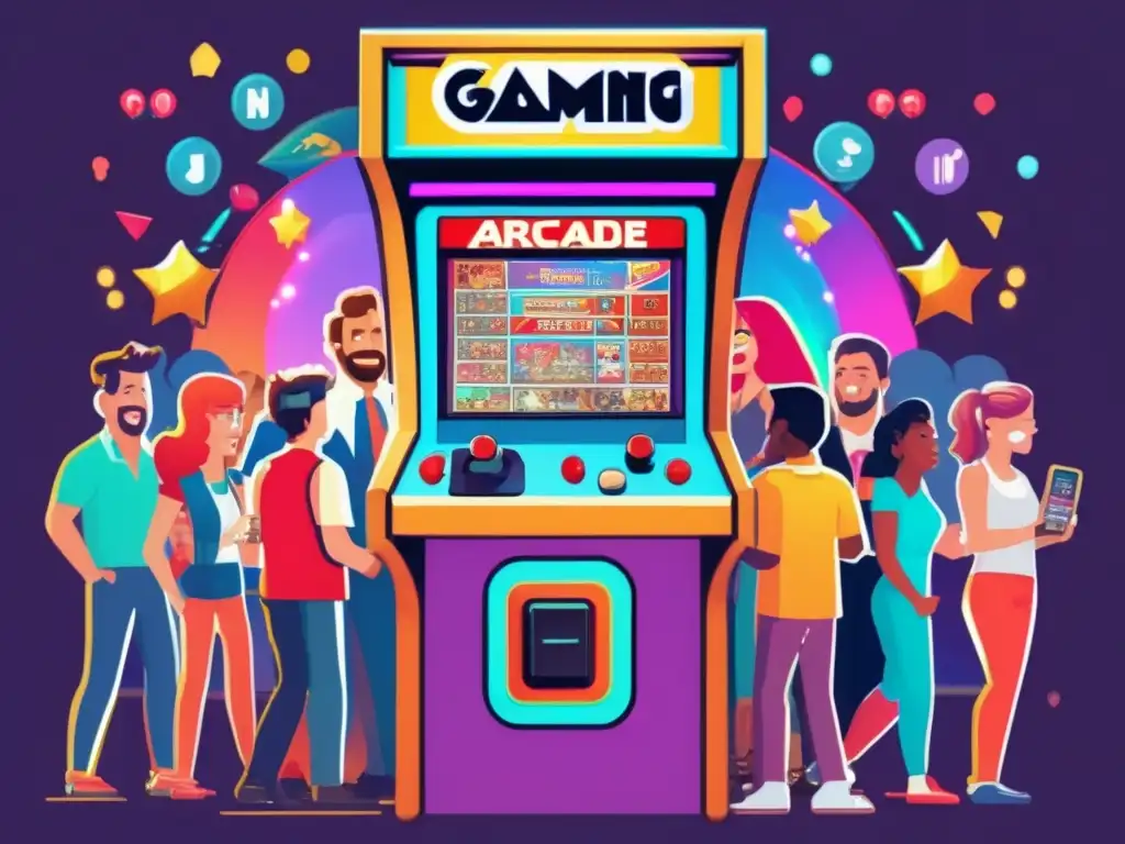 Un bullicioso salón de arcade vintage, lleno de entusiastas jugadores, luces parpadeantes y gráficos pixelados. El ambiente rebosa energía y nostalgia, ilustrando el impacto cultural de las microtransacciones en la industria del juego.