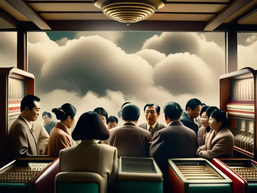 Una fotografía vintage de un bullicioso salón de Pachinko en Japón, muestra la intensa atmósfera y el impacto cultural de este juego icónico.