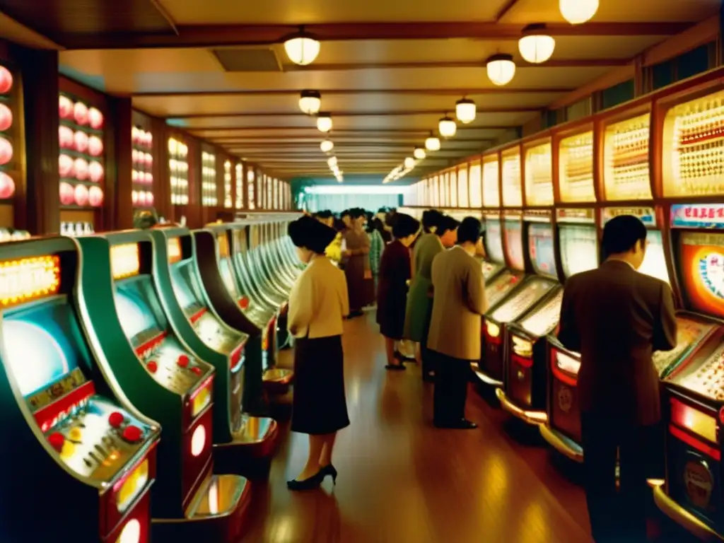 Una fotografía vintage de un bullicioso salón de Pachinko en Japón durante la posguerra. <b>Máquinas alineadas, jugadores inmersos en el juego, humo de cigarrillo y luces de neón.</b> El suelo de madera desgastado y el diseño retro capturan la esencia
