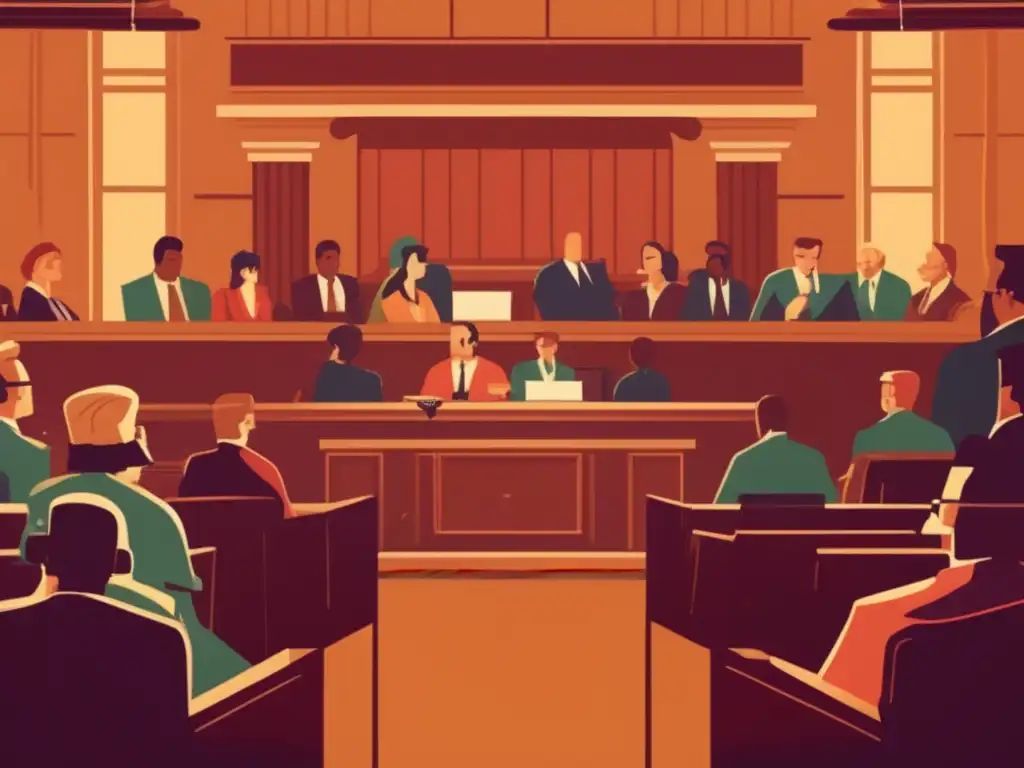 Ilustración vintage de un bullicioso tribunal con un juez en un caso sobre el impacto cultural de los videojuegos. <b>La paleta de colores cálidos captura la atmósfera nostálgica, mientras detalla la intensa escena legal.