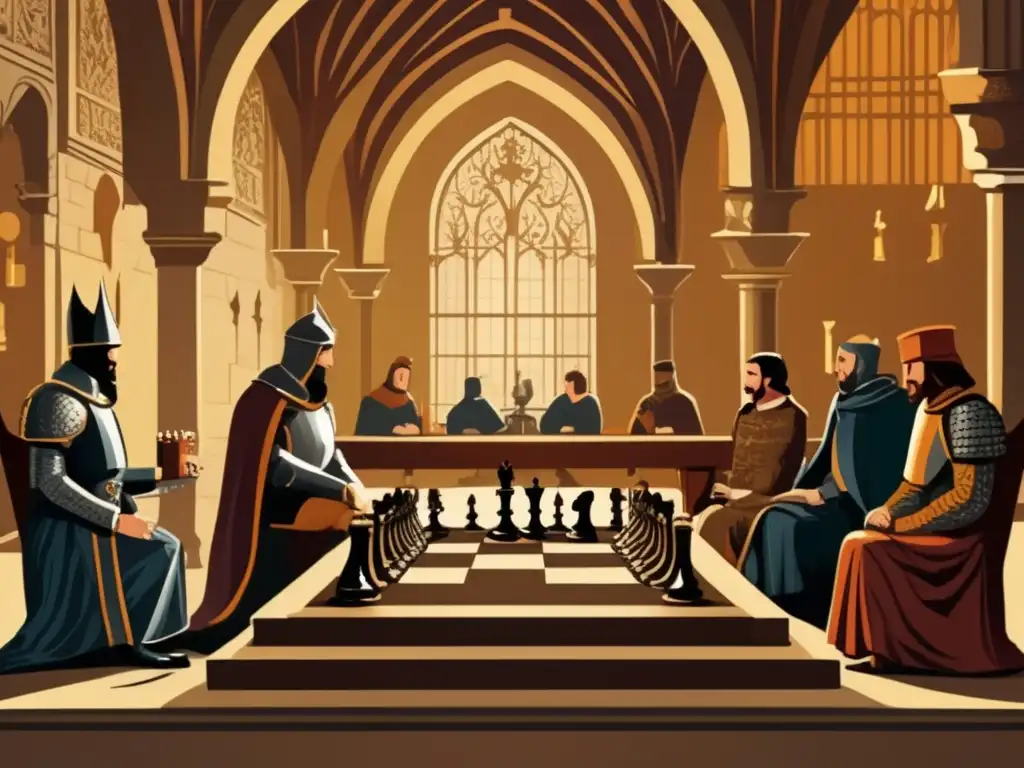 Un caballero medieval juega ajedrez en un castillo con corte y consejeros. <b>Simbolismo y estrategia en ajedrez medieval.