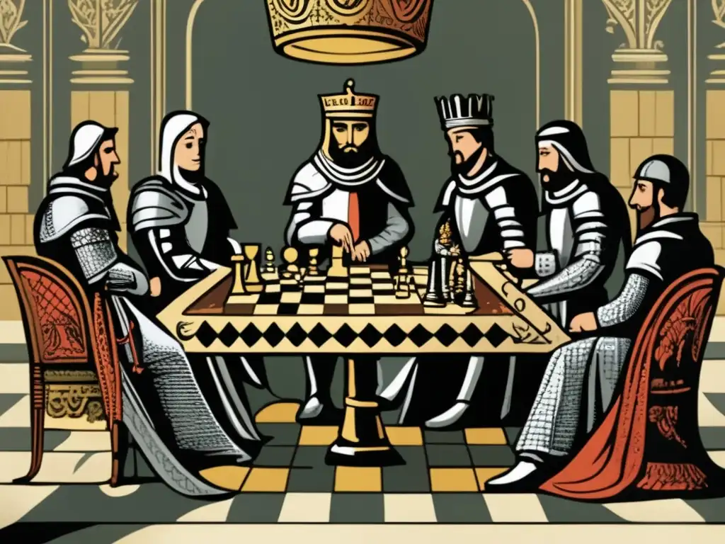 Un caballero medieval estrategizando en un tablero de ajedrez rodeado de nobles. <b>Simbolismo y estrategia en ajedrez medieval.