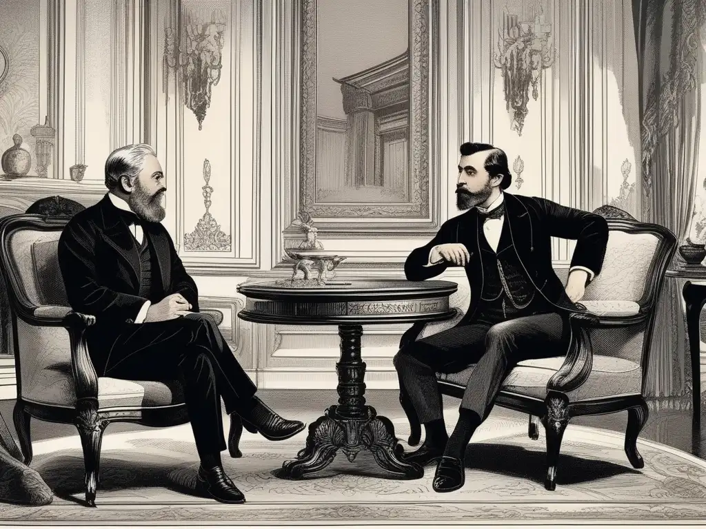 Dos caballeros discuten con pasión en elegante salón victoriano, reflejando la esgrima verbal en la obra de Oscar Wilde.