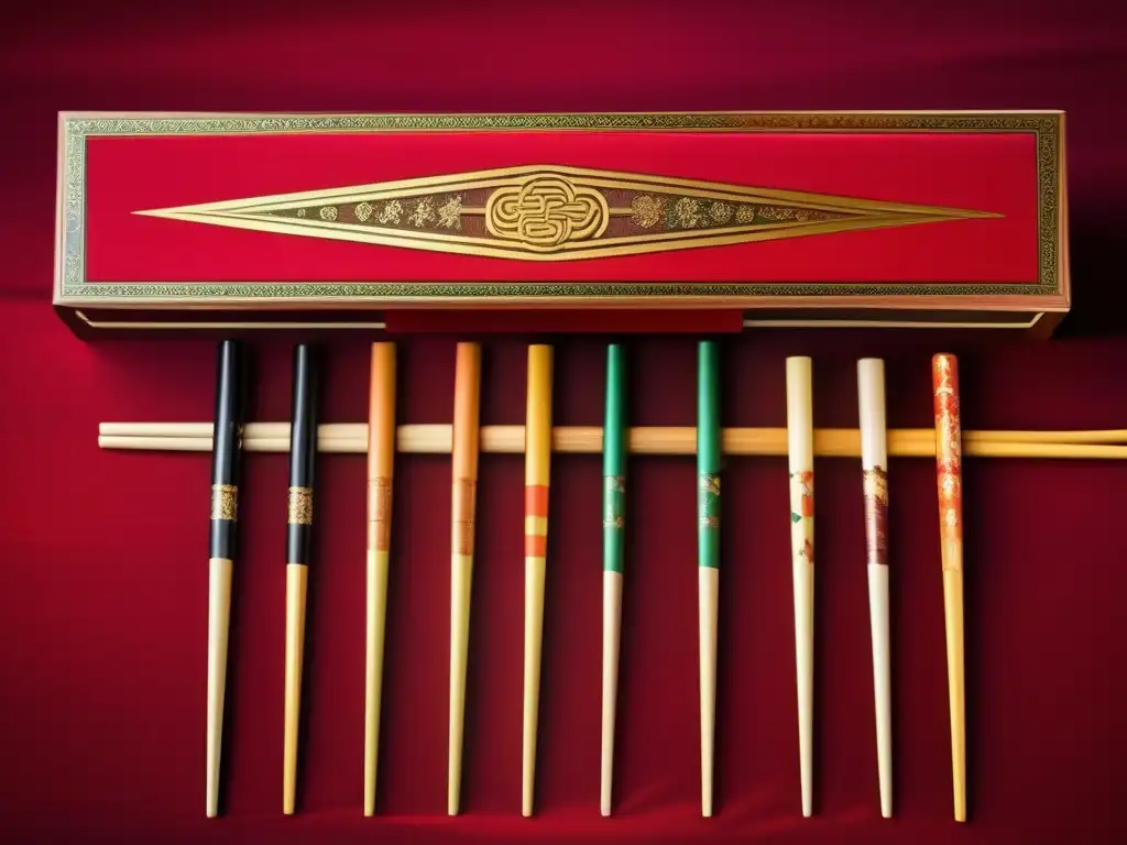 Una caja antigua de madera tallada llena de elegantes palillos asiáticos tradicionales, dispuestos sobre seda roja. <b>Refleja la riqueza cultural y artística de los palillos en Asia, evocando un ambiente cálido y nostálgico.</b> Renacimiento juegos palillos Asia