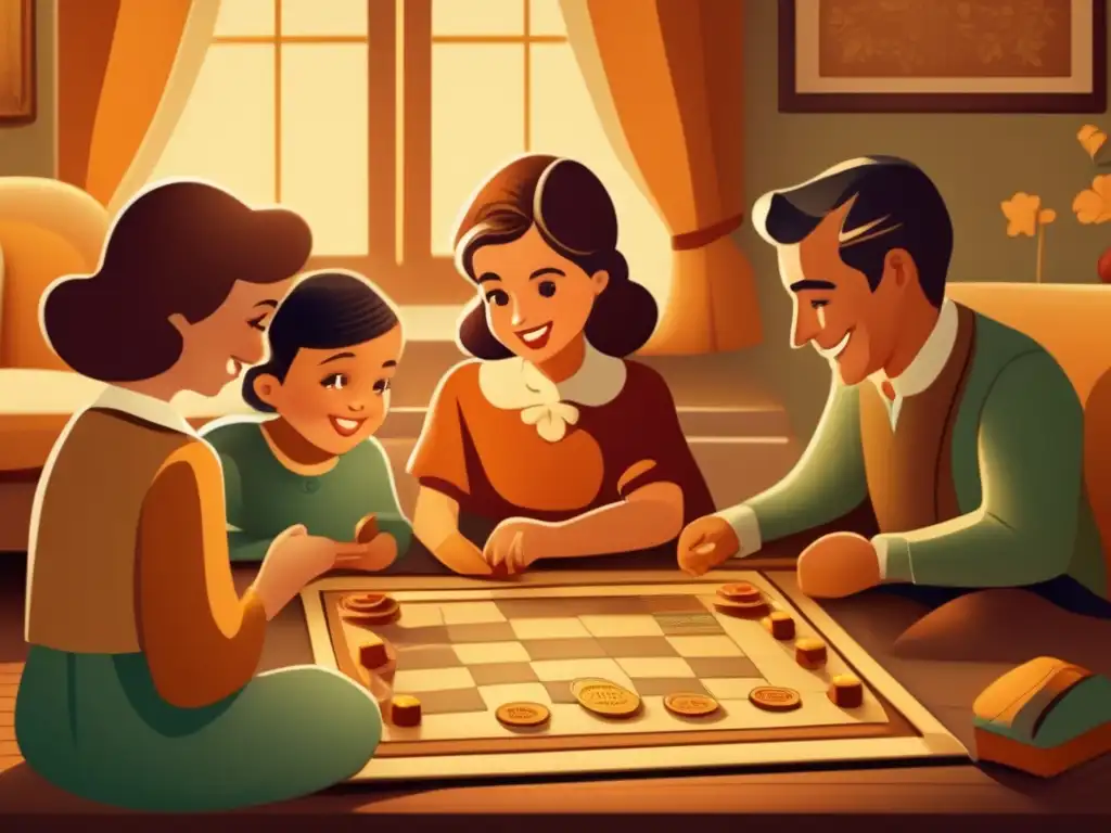 Una cálida ilustración vintage en 8k muestra a una familia disfrutando de juegos de mesa, integrando terapia familiar con juegos educativos.