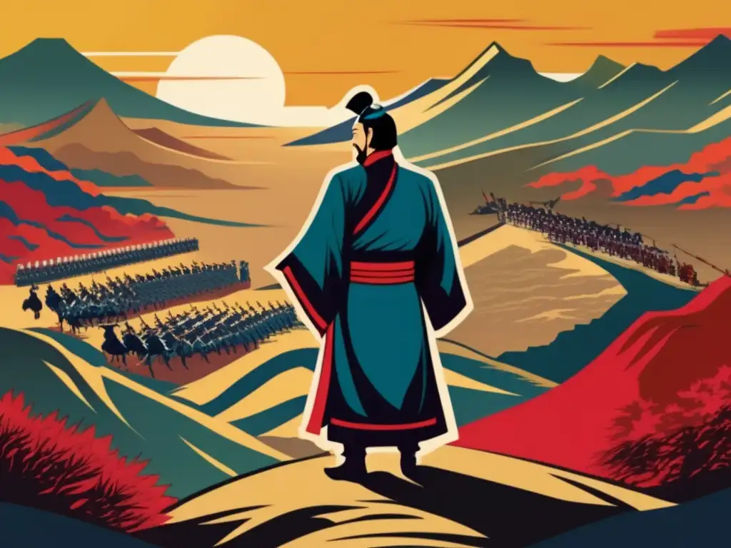 Ilustración vintage de Sun Tzu observando un campo de batalla, con colores vibrantes y expresión concentrada. <b>Influencia de Sun Tzu en videojuegos.