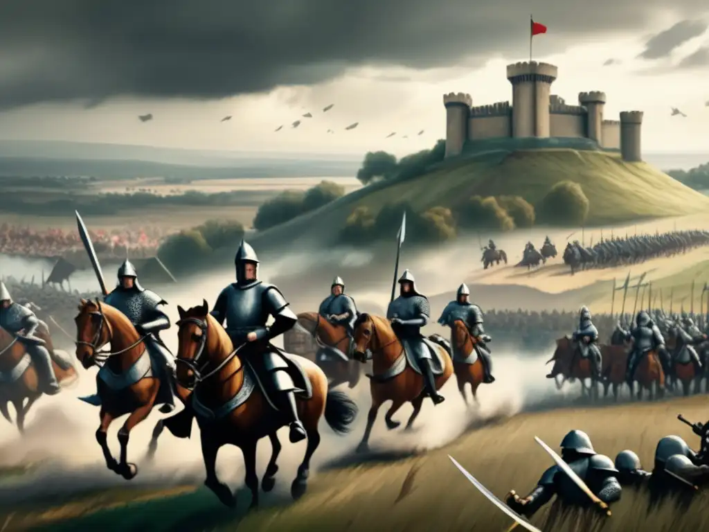 La ilustración muestra un campo de batalla medieval con ejércitos, estrategia militar e influencia del ajedrez en la historia.