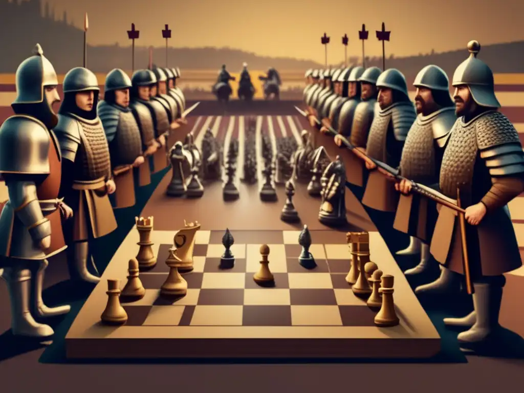 Ilustración vintage de un campo de batalla medieval con soldados estrategizando y un tablero de ajedrez superpuesto, fusionando guerra y juego. <b>Impacto cultural del ajedrez en la guerra.