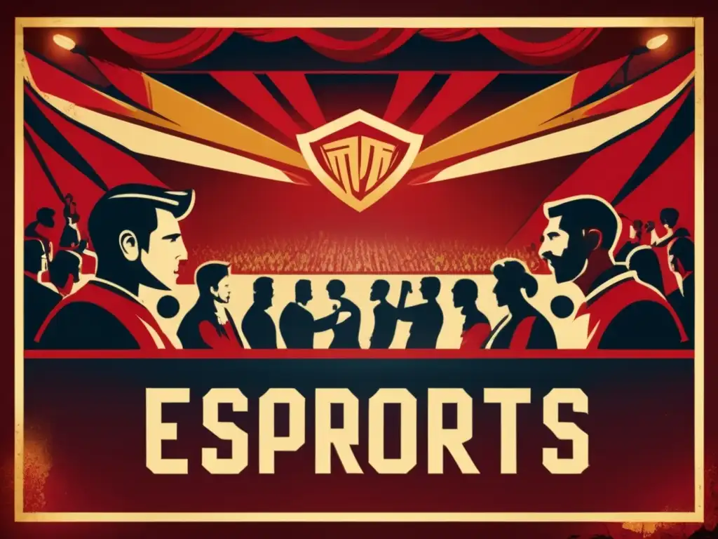 Un cartel vintage dramático de un evento de eSports, con intensos jugadores compitiendo frente a una multitud. <b>Influencia cultural de los eSports.