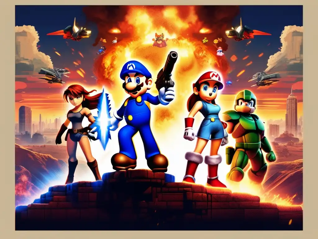 Un cartel de película vintage con personajes de videojuegos convertidos íconos en una pose dramática, rodeados de explosiones pixeladas y un paisaje de videojuegos retro. <b>Los detalles de 8K capturan la esencia de los diseños originales, evocando nostalgia.
