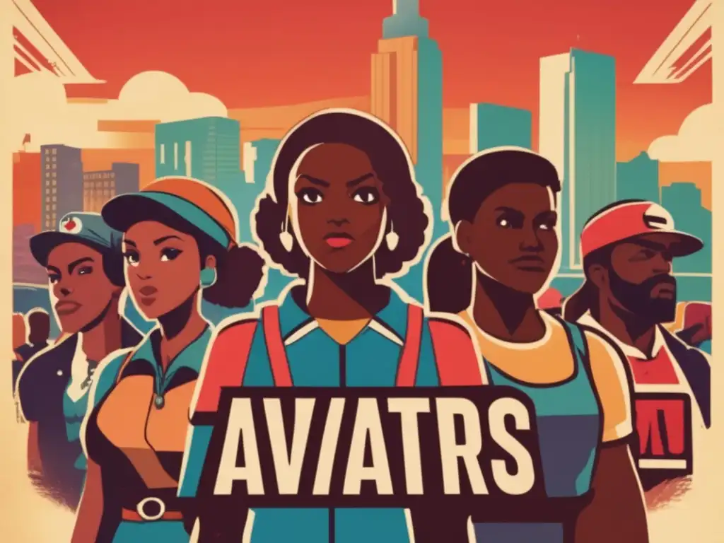 Un cartel vintage con avatares de videojuegos unidos por causas sociales, mostrando determinación en una ciudad llena de protestas. <b>Impacto de los videojuegos en campañas.