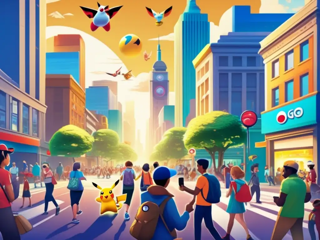 Un cartel vintage muestra una bulliciosa calle llena de personas de todas las edades, cada una inmersa en jugar Pokémon GO en sus teléfonos. Los personajes icónicos de Pokémon interactúan con el mundo real, creando una fusión perfecta entre la realidad virtual y física. Los colores vibrantes y el escenario