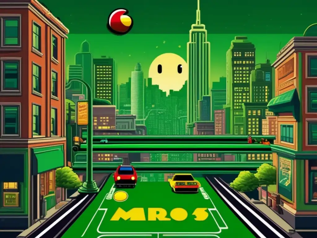 Un cartel vintage detallado que combina personajes famosos de películas con elementos icónicos de videojuegos en una escena de la ciudad, con referencias ocultas a videojuegos y películas famosas.