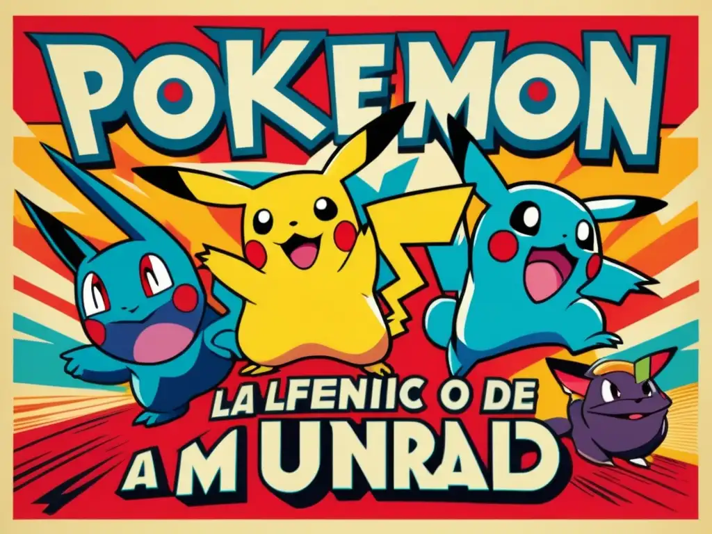 Un cartel vintage presenta una escena colorida y llena de acción de personajes de Pokémon luchando en un estilo dinámico y animado. <b>La tipografía retro proclama 