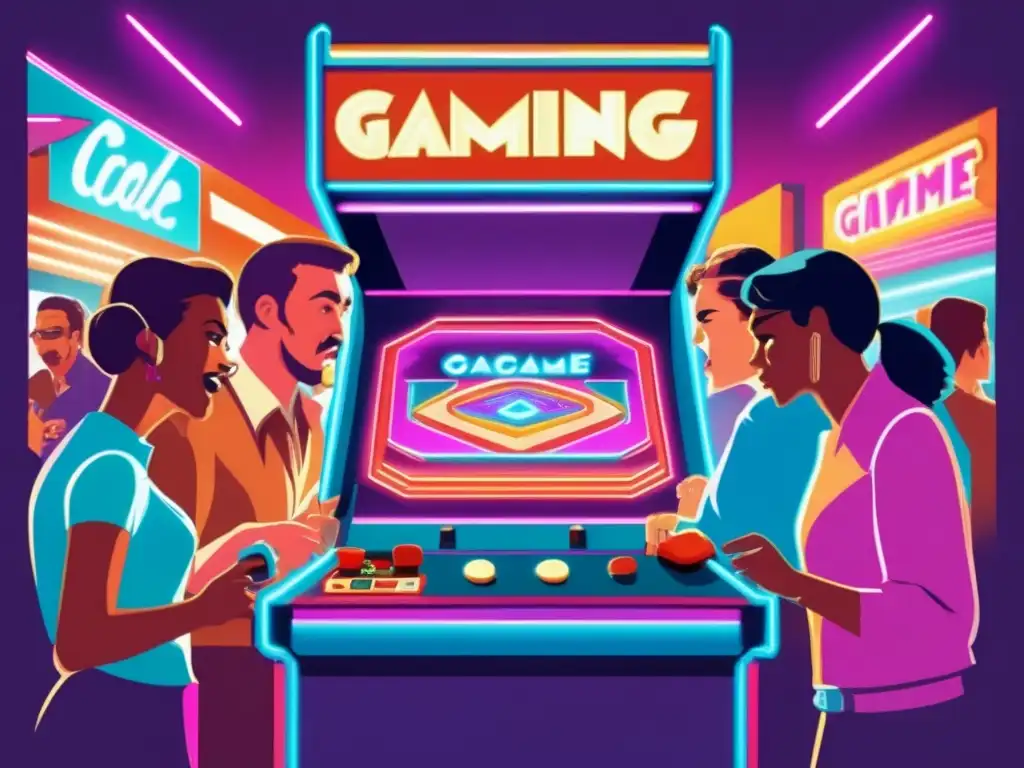 Un cartel vintage muestra a un grupo de personas compitiendo en un juego de arcade, con expresiones intensas. El ambiente nostálgico y la emoción reflejan la relación entre videojuegos y violencia.