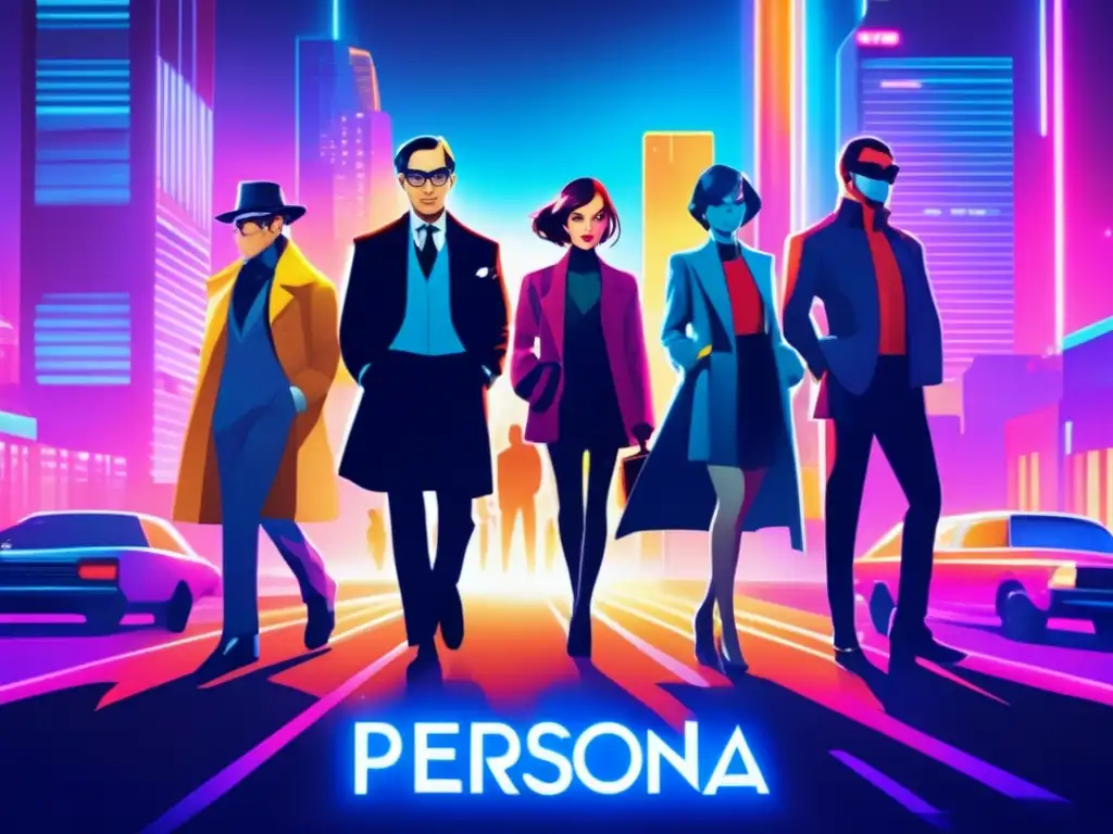 Un cartel vintage de los icónicos personajes de la serie 'Persona' en un entorno urbano neblinoso con luces de neón vibrantes. Los personajes muestran un estilo dramático y detallado, reflejando la narrativa y música en Persona.