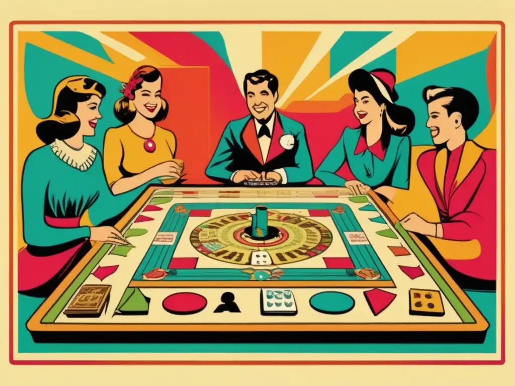 Un cartel vintage con una ilustración colorida de personas disfrutando un juego de mesa, rodeados de diseños vibrantes. <b>Psicología del diseño gráfico en juegos.