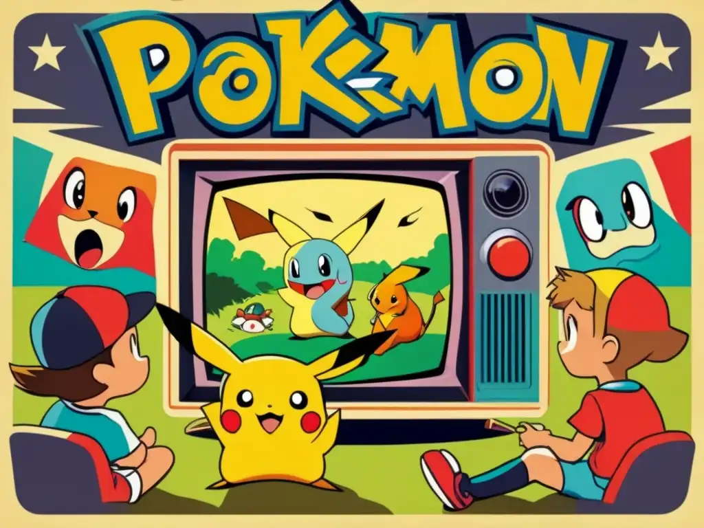Un cartel vintage muestra a niños emocionados viendo Pokémon en la televisión, capturando el impacto cultural de los juegos Pokémon en la televisión.